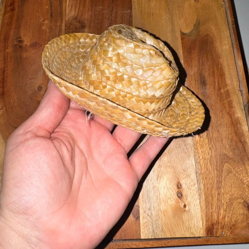 Miniature Straw Cowboy Hat Set of 2 Tan Western Doll Pet Accessory 5.25 Inch